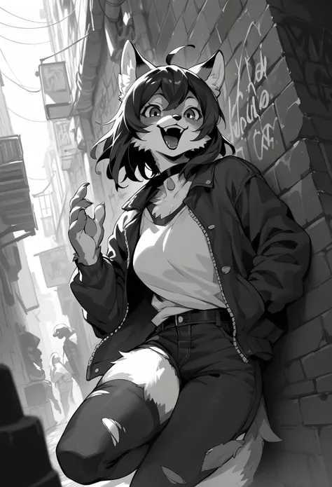 rating_safe, score_9, score_8_up, score_7_up, score_6_up, score_5_up, score_4_up, source_furry, highres, e621, cover page, laughing, perfect anatomy, lineart, monochrome, 1girl, kemono, furry, anthro, choker, shirt, torn legwear, open jacket, against wall,...