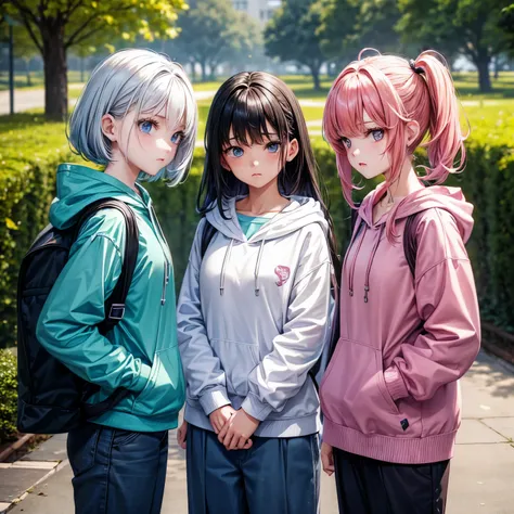 3 girls, standing in the park, orphanage, teens, different hair colors, different hair styles, different eye colors, different heights, hoodies, trousers, backpacks, sad expressions,close up photo