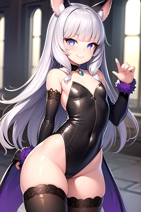 photorealistic, tera elin, beautiful detailed eyes, ultra detailed, 1girl, hips, thighs, thigh highs, evil smile, smug, leotard, flat chest, skin indentation, dynamic pose
