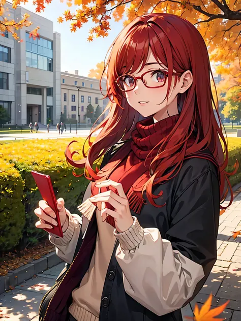 University、campus、beauty、Upper Body、knit，autumn，Red Hair，Glasses