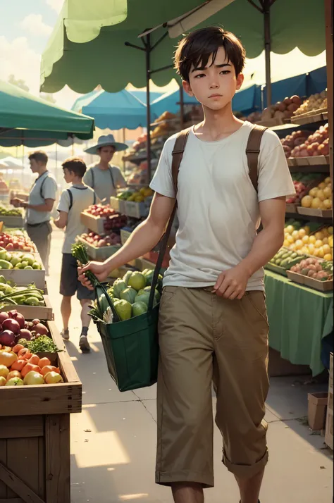 ((masterpiece)),(((best quality))), illustration,1boy, walking at a farmers market, sleepy, tired, femboy, fresh produce, food stalls, sun rays, gentle backlighting, daytime