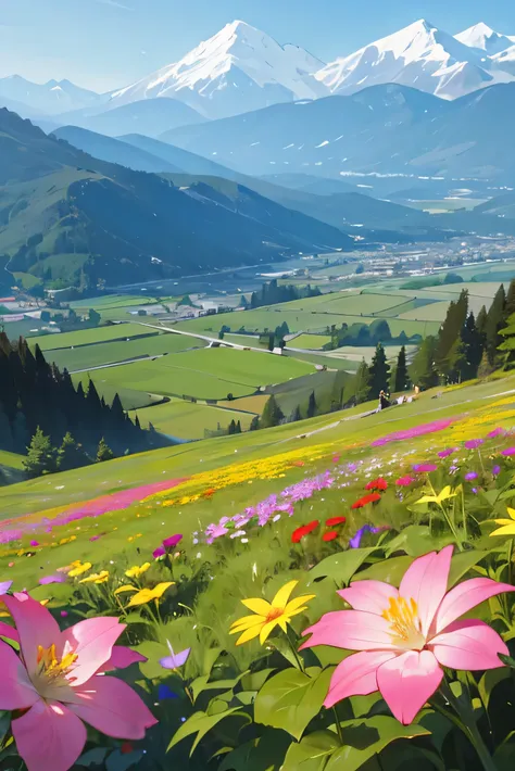 Beautiful nature, flowers in the background, Mountains in the distance