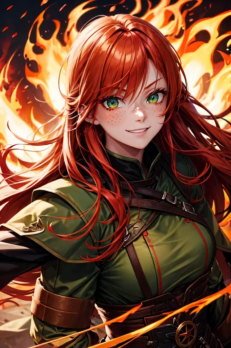 red-haired girl, clear green eyes, look from , malicious smile, Flames around, flame archer, light leather armor, cunning expression, Fire Arrows, wooden bow, freckles on the face