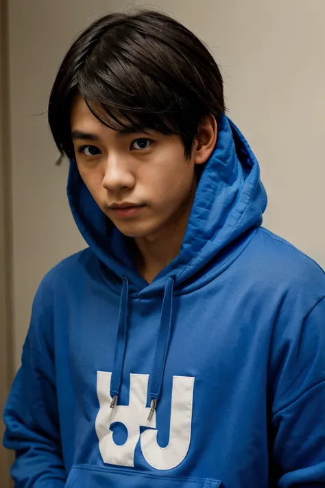 Japanese teen boy with a blue hoodie and has blue eyes