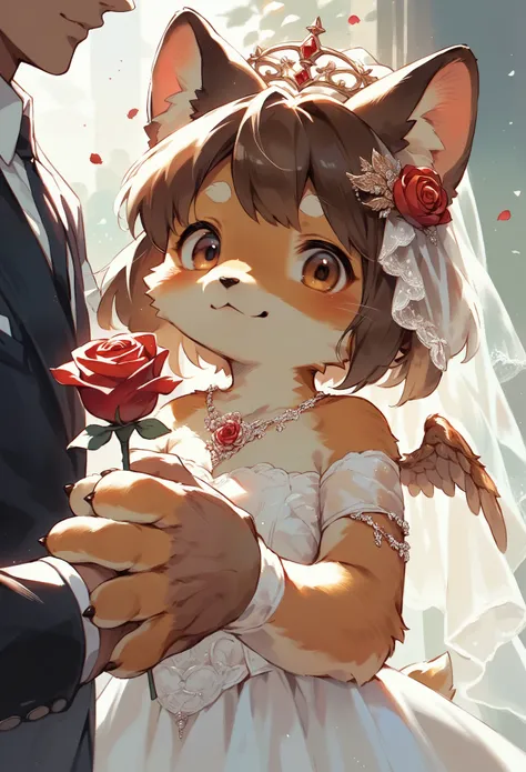 Watercolor, 1boy, kemono, furry, detailed body fur, animal face, animal hand, angelic cute girl in wedding dress holding a red rose and looking at viewer,