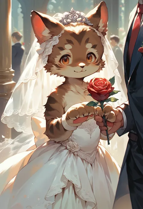 Watercolor, 1boy, kemono, furry, detailed body fur, animal face, animal hand, angelic cute girl in wedding dress holding a red rose and looking at viewer,