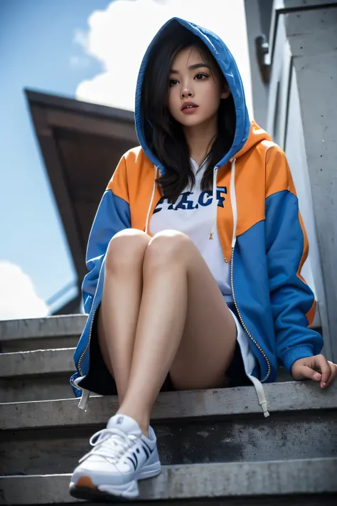 1 girl,blue sky,blurred background,architecture,City,cloud,cloudy sky,sky,depth of field,hood,hooded Jacket,hoodie,Jacket,Side,Orange Hoodie,look up,Shoe close to the camera,from below,whole body,lips,long sleeve,looking at the audience,motion blur,outdoor...