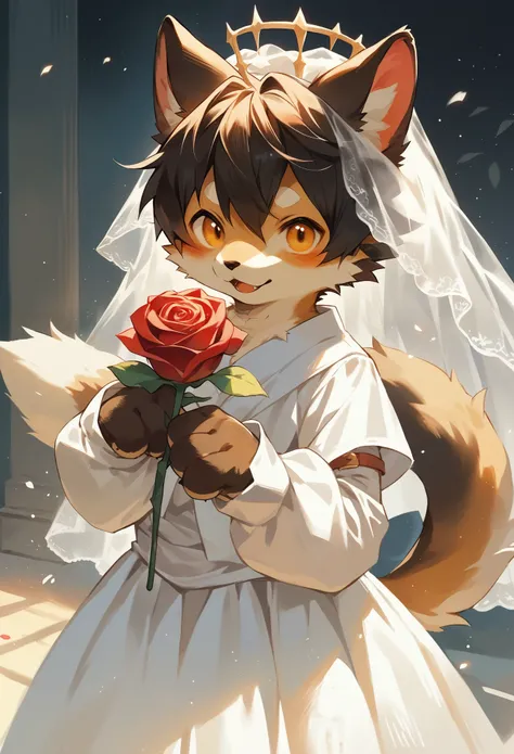 rating_safe, score_9, score_8_up, score_7_up, score_6_up, score_5_up, score_4_up, source_furry, highres, e621, cover page, Watercolor, 1boy, kemono, furry, detailed body fur, animal face, animal hand, angelic cute girl in wedding dress holding a red rose a...