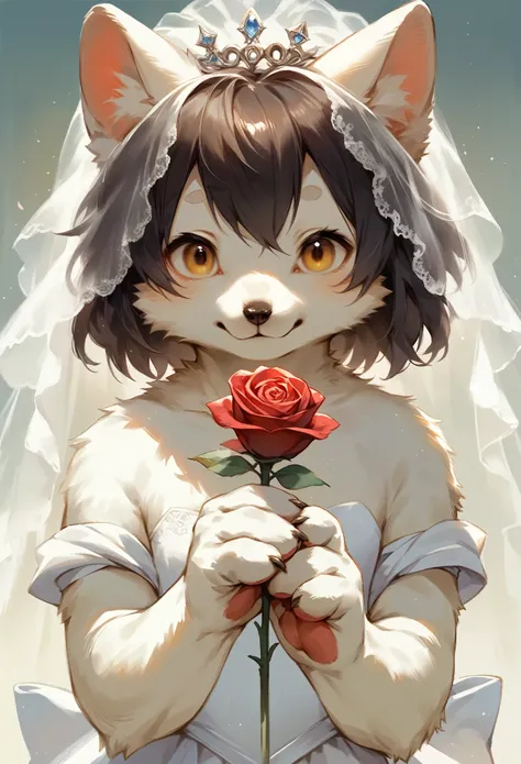 rating_safe, score_9, score_8_up, score_7_up, score_6_up, score_5_up, score_4_up, source_furry, highres, e621, cover page, Watercolor, 1boy, kemono, furry, detailed body fur, animal face, animal hand, angelic cute girl in wedding dress holding a red rose a...