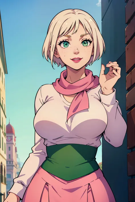 Cute girl, short white hair, light green eyes, long eyelashes, freckles, red lipstick, smile, scarf tied around her neck, pink long sleeve t-shirt, big breasts, pink skirt,