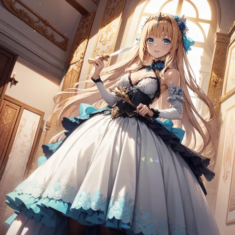 solo person，teens girl，Enchanted，A princess，having fun，Being in love，Seductive pose,(Western-style white dress)，(blond hairbl)，(eBlue eyes)，(brown pattern)，(A small amount of sky blue cloth),Delicate princess tiara，super ultra detail，Ruffles，Lace，jewel emb...