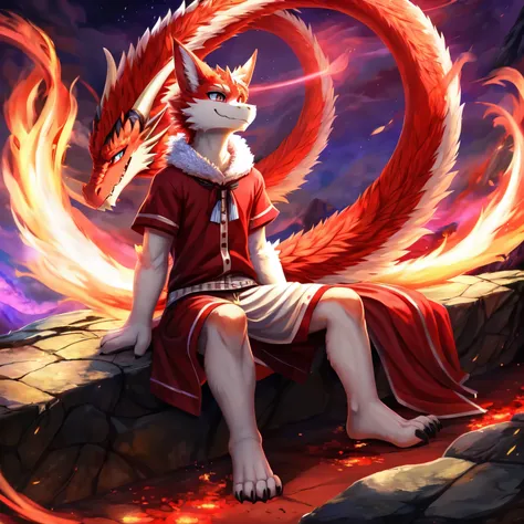 ((best quality)), ((masterpiece)), (detailed), 1 boy, casual outfit, dragon, kemono, furry, smiling, red and white fur, aura, full body, sitting, epic background.