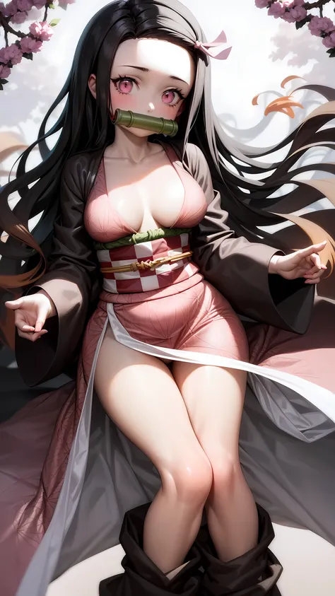 masterpiece, (pink kimono), seductive face, good lighting, décolleté, fine details, masterpiece, glowing eyes, 1girl, black hair, gag, bamboo, Nezuko Kamado, wisteria background, masterpiece, best quality, POV, whole body, wide hips,