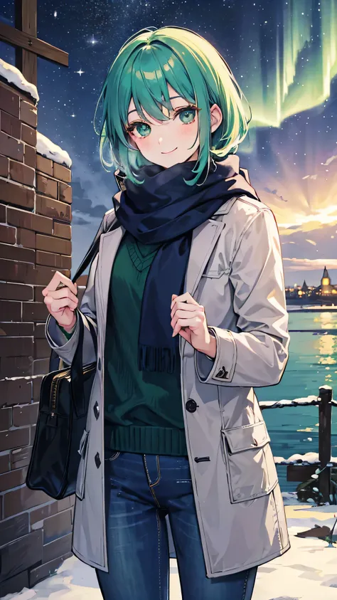  1 woman, smiling, sweater , winter coat,navy scarf, jeans, (small) chillerism, short green hair, ,green eyes,northern lights,40 years old,