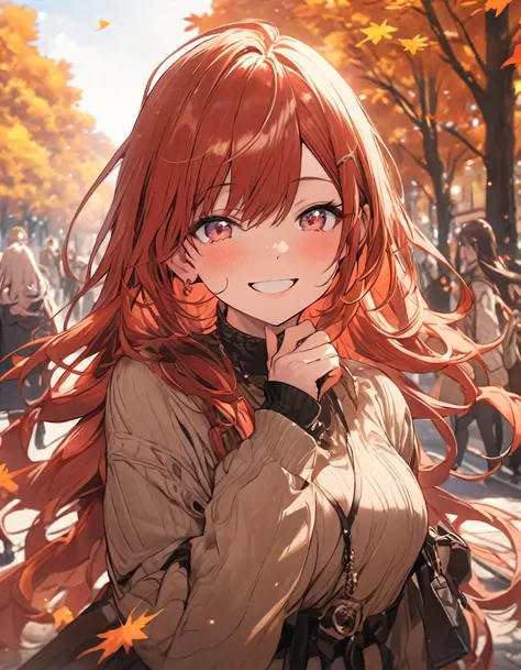 masterpiece、girl、Redhead、Long Hair、smile、Focus on the face，Walking outside，Autumn scenery
