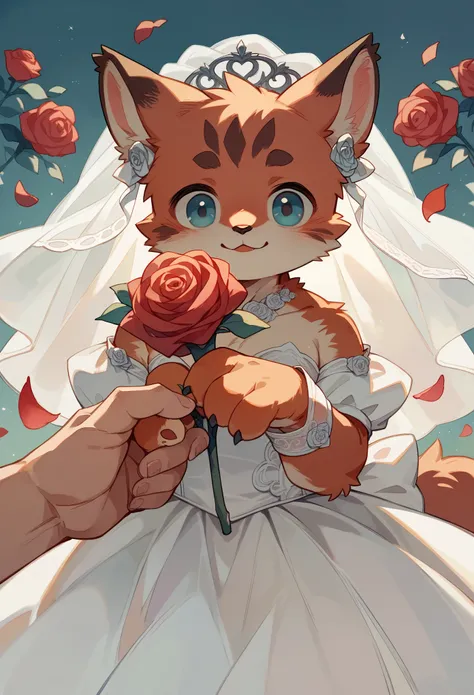 Watercolor, 1boy, kemono, furry, detailed body fur, animal face, animal hand, angelic cute girl in wedding dress holding a red rose and looking at viewer,