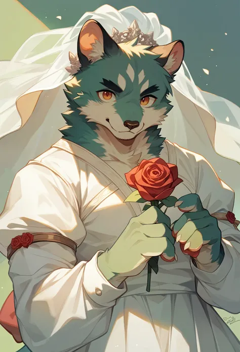 rating_safe, score_9, score_8_up, score_7_up, score_6_up, score_5_up, score_4_up, source_furry, highres, e621, cover page, Watercolor, 1boy, kemono, furry, detailed body fur, animal face, animal hand, angelic cute girl in wedding dress holding a red rose a...