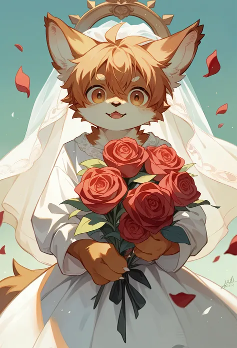 rating_safe, score_9, score_8_up, score_7_up, score_6_up, score_5_up, score_4_up, source_furry, highres, e621, cover page, Watercolor, 1boy, kemono, furry, detailed body fur, animal face, animal hand, angelic cute girl in wedding dress holding a red rose a...