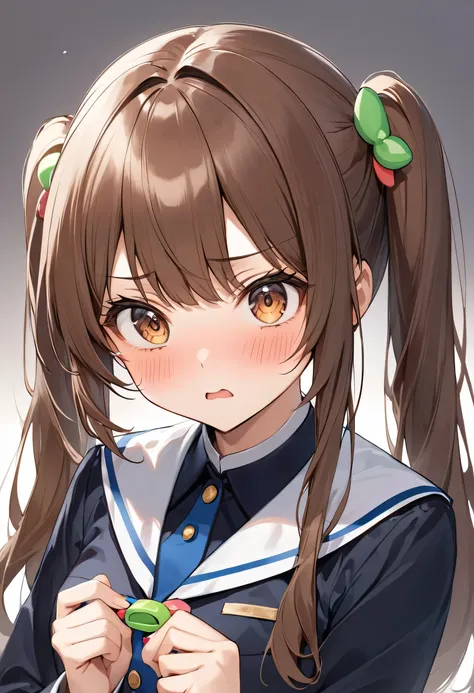 A girl in a uniform with brown hair and twin tails、He is staring at me with a stern look.。Her expression is a mixture of embarrassment and affection.。He fidgets as if he wants to say something.。Wearing a uniform。Beauty。