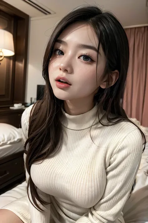 She is wearing a long-sleeved white knit dress that shows off her bust.、Sitting、Long Hair