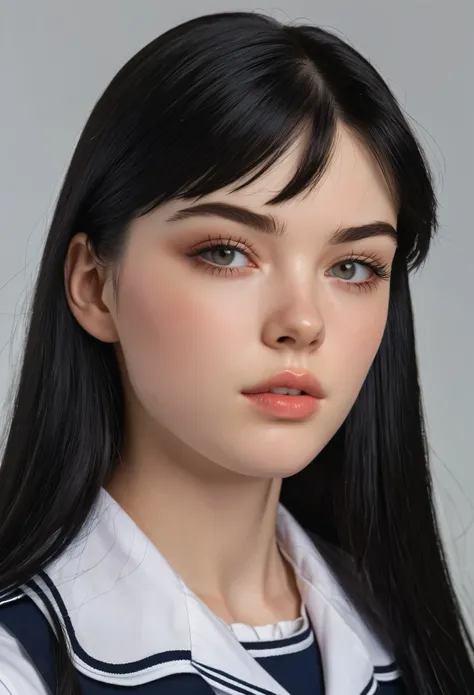 Realism, UHD, masterpiece, accurate, textured skin, anatomically correct, a girl, teenage, very long straight black hair, side swept bangs, ultra detailed face, pale skin, alabaster skin, tall, (ripped, beefy, muscular) body, sailor School UNIFORM, v-shape...