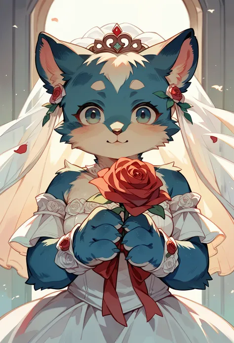 Watercolor, 1girl, kemono, furry, detailed body fur, animal face, animal hand, angelic cute girl in wedding dress holding a red rose and looking at viewer,