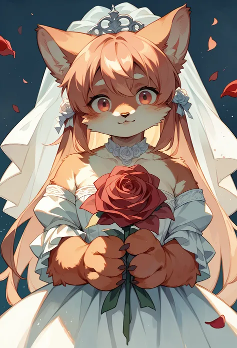 Watercolor, 1girl, kemono, furry, detailed body fur, animal face, animal hand, angelic cute girl in wedding dress holding a red rose and looking at viewer,