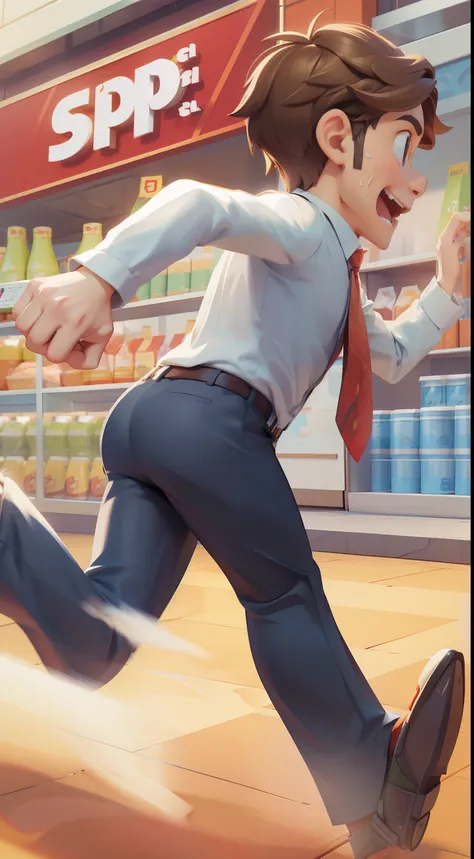 Outside the supermarket,A brown hair,wear glasses,Wearing a vest,Cover with a white shirt、Handsome young man in formal wear with tie facing away from camera,Running on,The red carpet under my feet,Running on 背视图,3d anime style,Bright colors,Rich body movem...
