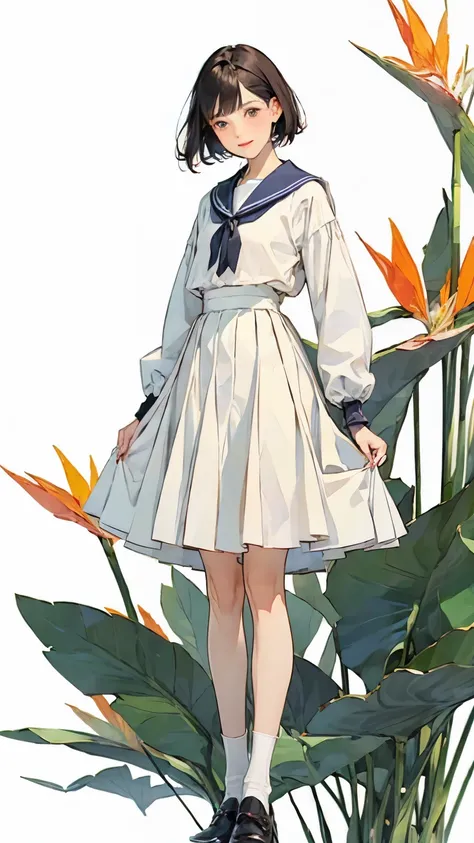 (1 girl、alone、whole body、Natural standing posture)、(Standing casually)、(whole body:1.4)、(whole bodyショーケース)、(whole bodyを見せる)、((Character Concept Art]))、(Portraiture:1.2)、(Detailed facial expressions、A kind smile)、Short dark brown hair、White Sailor Suit、Navy...