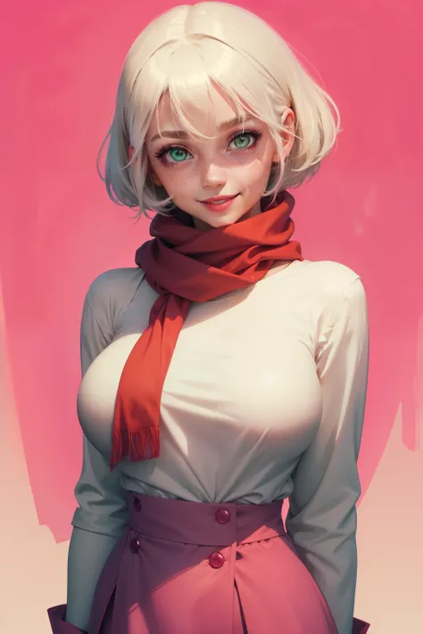 Cute girl, short white hair, light green eyes, long eyelashes, freckles, red lipstick, smile, scarf tied around her neck, pink long sleeve t-shirt, big breasts, pink skirt,