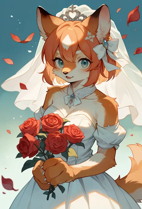 rating_safe, score_9, score_8_up, score_7_up, score_6_up, score_5_up, score_4_up, source_furry, highres, e621, cover page, Watercolor, 1girl, kemono, furry, detailed body fur, animal face, animal hand, angelic cute girl in wedding dress holding a red rose ...