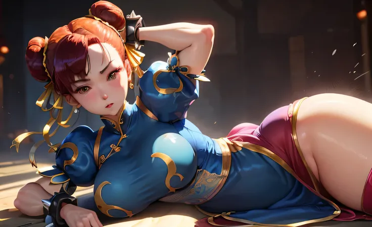 Chun Li Her Super Thick Breasts、Red hair、、8k, 4k, Of the highest quality, High resolution: 1.2),flicker、、cute anime face、pink blush on the cheeks.、noise removal,very close to the screen.... (((her perfect body))) that his body can be seen from head to toe ...