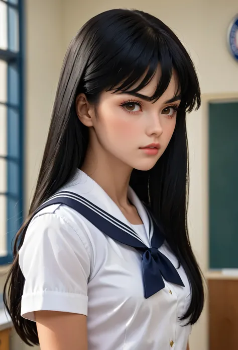 Realism, UHD, masterpiece, accurate, textured skin, anatomically correct, a girl, teenage, very long straight black hair, side swept bangs, ultra detailed face, pale skin, alabaster skin, tall, (ripped, beefy, muscular) body, sailor School UNIFORM, v-shape...