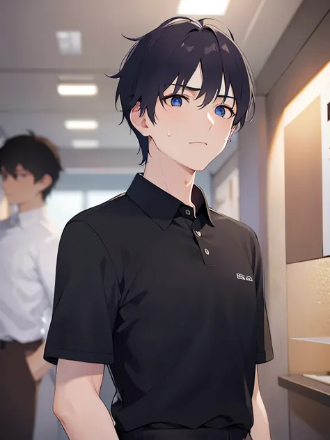 upper body、shiny skin, masterpiece、Highest quality、(2 male:1.5) and (Black short hair) and (blue eyes), Black polo shirt、Standing、(confused:1.5)、(sweat:1.3), The background is the interior of a restaurant at night.、(Alone:1.5)