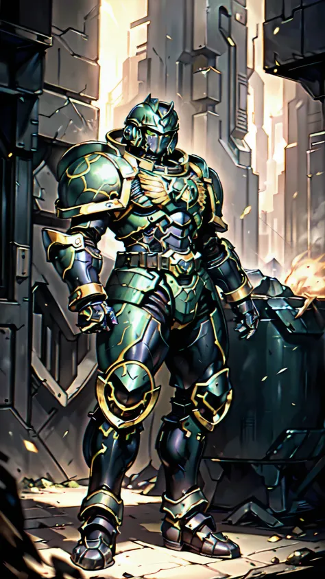 (masterpiece:1.5, best quality:1.5, extremely delicate:1.5), ((male:1.5)), a man wearing a full-face helmet, a biotech armored combat suit, green eyes, (a composite layered chest armor), fully enclosed shoulder guards, matching arm and leg guards, a belt o...