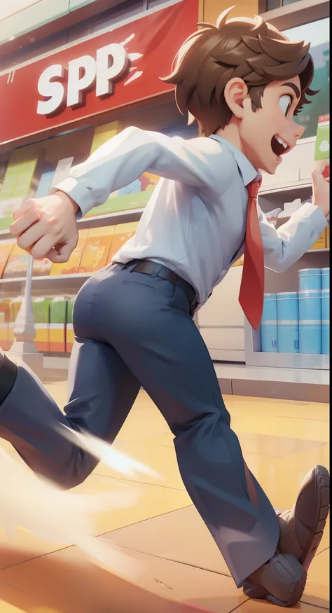 Outside the supermarket,A brown hair,Handsome boy,Open your mouth and shout,Happy handsome face,身穿White shirt,Suit pants,Running with legs raised,, White shirt、Handsome young man in formal wear with tie facing away from camera,Running on,The red carpet und...
