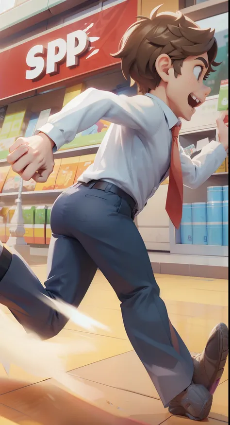 Outside the supermarket,A brown hair,Handsome boy,Open your mouth and shout,Happy handsome face,身穿White shirt,Suit pants,Running with legs raised,, White shirt、Handsome young man in formal wear with tie facing away from camera,Running on,The red carpet und...