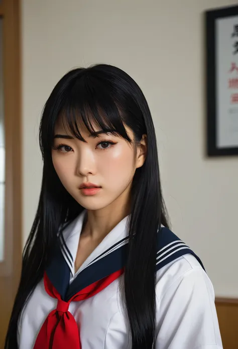 Realism, UHD, masterpiece, accurate, textured skin, anatomically correct, a japanese girl, teenage, very long straight black hair, side swept bangs, ultra detailed face, pale skin, alabaster skin, tall, (ripped, beefy, muscular) body, sailor School UNIFORM...