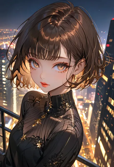 In the background are the roofs of skyscrapers at night，(best quality,Very详细,high resolution:1.2),beautiful girl，Brown Very short hair,Brown bangs，Very_Long eyelashes, Delicate lips, Very cool look, [Soft skin, Shiny hair,Exquisite makeup,Overhead shot，