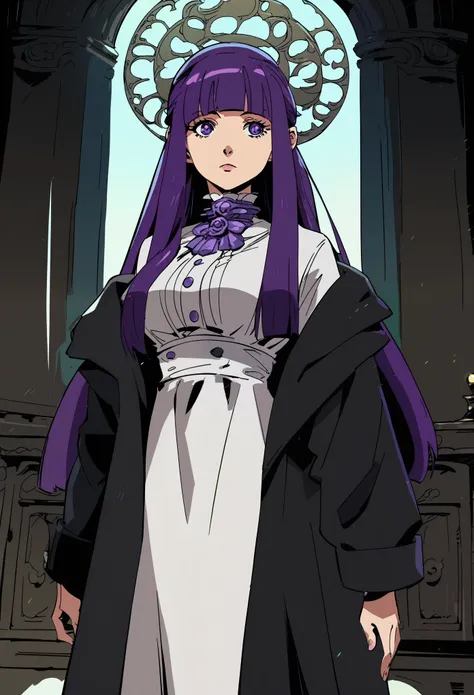 Masterpiece, best quality, score_9, score_8_up, score_7_up, score_6_up, hds style, cel shading, linear hatching, 1girl, 1girl, solo, fern (sousou no frieren), large breasts, long hair, purple hair, half updo, blunt bangs, purple eyes,, anime screencap, ani...