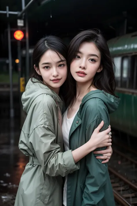 masterpiece, best quality, 2girls, (closeup), 18yo teen, slim, small breast, naked breast, nipple, open green raincoat, goggles on head, standing, in abandoned train, (hugging, love), warming, caress, blush, tired, heavy rain, downpour, wasteland, grey, de...