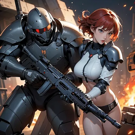 nsfw, anime screencap, 16K, perfect anatomy proportion body, action, A dynamic composition with a sense of speed and movement, (Hold an assault rifle:1.6), a wife, 40age, perfect beautiful delicate sexy face, perfect beautiful delicate slanted eyes, red ha...