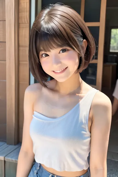 One-shoulder tank top 　 JK  girl　A shy smile　Short bob A beautiful girl like a Japanese 80s idol