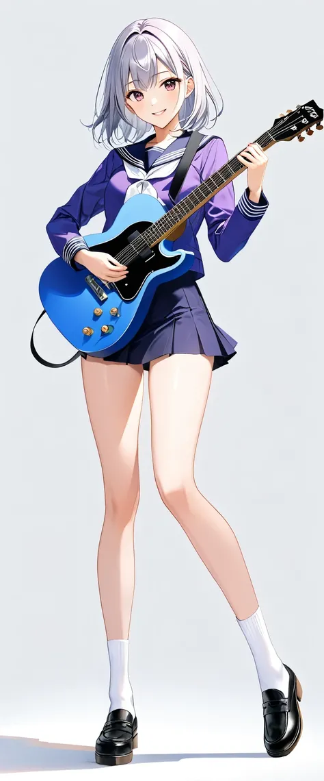 (((White background:1.5)))、(((The subject and guitar are in full view:1.5))),(((full body:1.2)))、(masterpiece、Ultra HD、Highest quality、Masterpiece、8k:1.2)、Slender body、High school girl playing electric guitar、(Purple sailor suit) 、Long silver hair、(((A dyn...