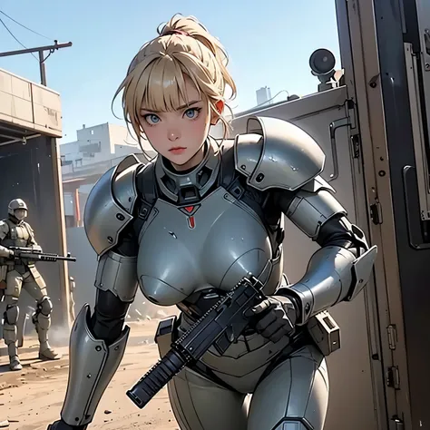 nsfw, anime screencap, 16K, perfect anatomy proportion body, action, A dynamic composition with a sense of speed and movement, (Hold an assault rifle:1.6), a wife, 40age, perfect beautiful delicate sexy face, perfect beautiful delicate eyes, blonde hair, b...