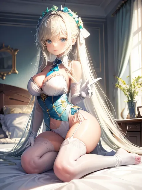 (artwork), (great work), (indirect lighting), (Chibi Cute Studio), (GIFcuteアニメ), (cute cute), (Highly detailed CG 8k unit wallpaper), (One girl) cuteドレスを着て, cuteフリルのティアラが付いた長い青い髪, Wearing silk gloves, White skin, Green and blue eyes, (cute)