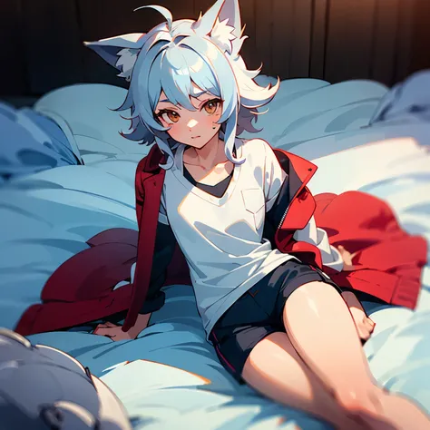 ((best quality)), ((masterpiece)), (detailed), 1girl, fox girl with silver bedhead hair and black tips wearing black dolphin shorts and white binder, red medical jacket, no undershirt