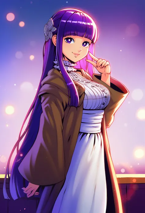 Masterpiece, best quality, score_9, score_8_up, score_7_up, score_6_up, hds style, cel shading, linear hatching, 1girl,solo,purple hair,long hair,purple eyes,blunt bangs,sidelocks,half updo,bright pupils, hair ornament,frilled collar,black robe,white dress...