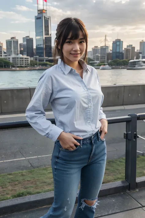 A japanese female model smiling with sweet and simple bangs hairstyle, wearing long sleeve plaid shirt, denim jeans, form-fitting and accentuating the wearers curves, black sneakers, standing in front of city skyline in Sydney, Australia, UHD, high details...