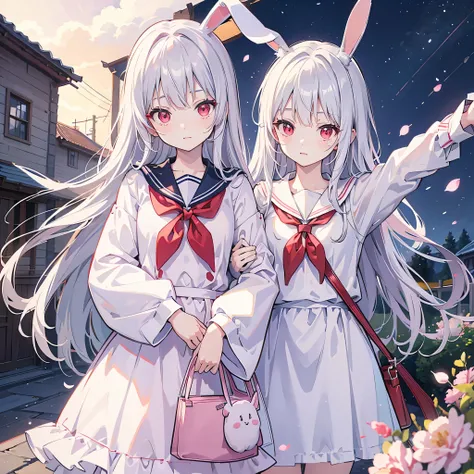 kawaii, anime, Cute, hyper quality, highly detailed, 8k, Clarity, Draw facial expressions in detail, red eyes, silver hair, bright, highlight on eyes, Its bright outside, have a bag, put on bunny ears, Moe sleeves, wear a sailor suit, expose the whole body...